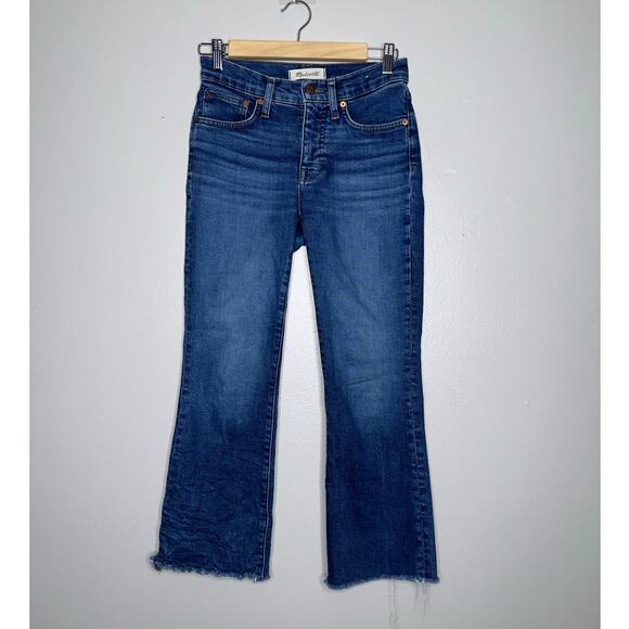 Madewell Mid Rise Kick Out Crop Jeans Frayed Hem Dark Wash Denim 24 Petite - Picture 2 of 7